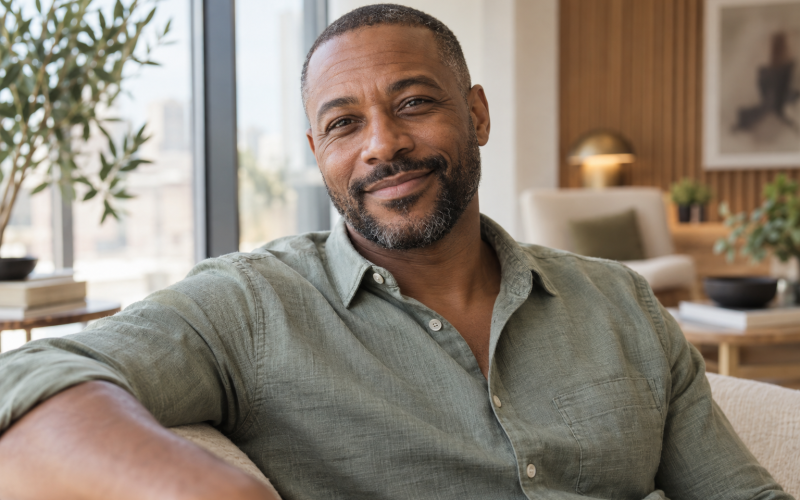 Smiling man in a sage shirt relaxing beside a window in a contemporary lounge.
