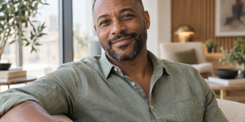 Smiling man in a sage shirt relaxing beside a window in a contemporary lounge.