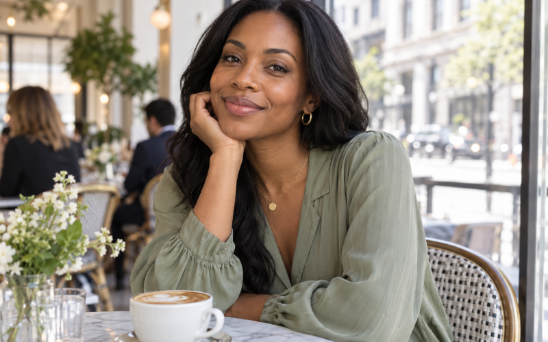 Woman in a sage blouse smiling at a café table with a cup of coffee.