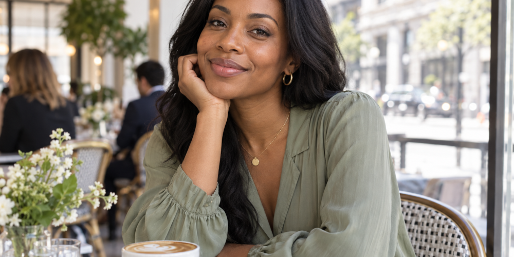 Woman in a sage blouse smiling at a café table with a cup of coffee.