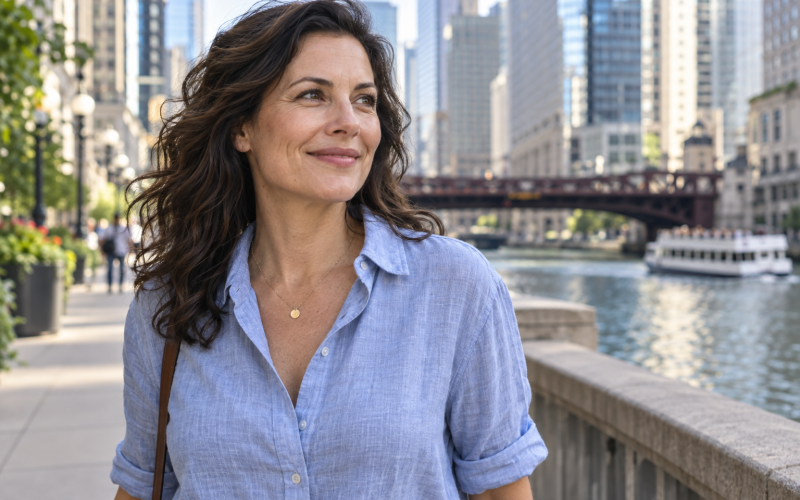 Woman in a blue linen shirt enjoying a walk beside the Chicago River.