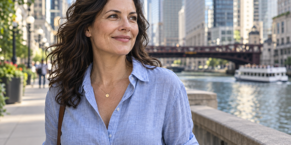 Woman in a blue linen shirt enjoying a walk beside the Chicago River.