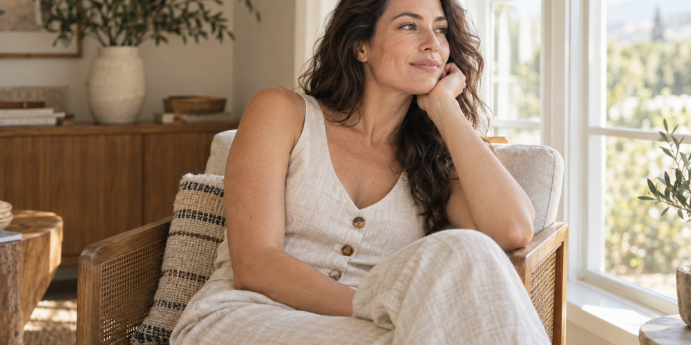 Woman in a sleeveless linen outfit relaxing beside a bright window.