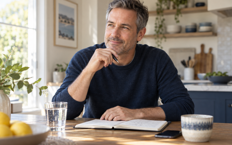 Man in a navy sweater sitting at a sunlit kitchen table with an open notebook.