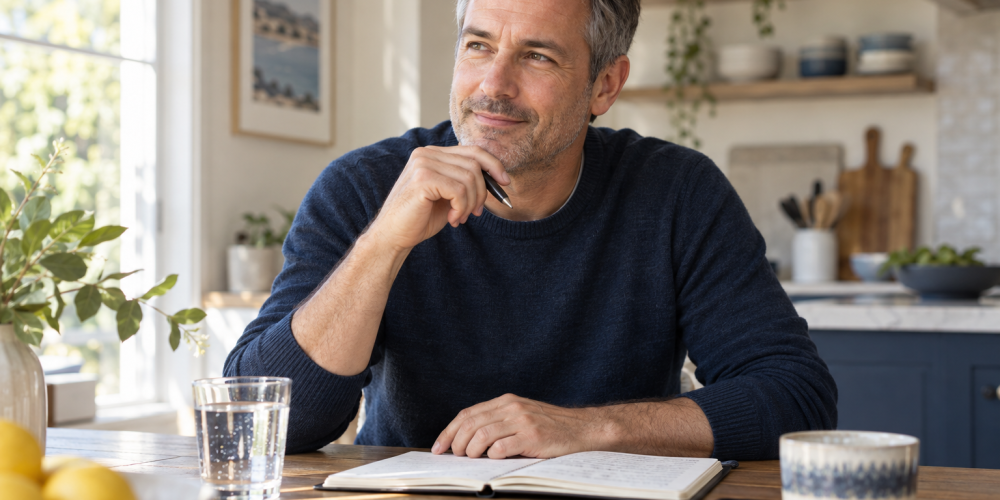 Man in a navy sweater sitting at a sunlit kitchen table with an open notebook.
