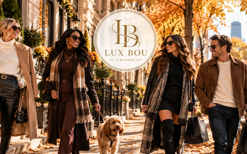 Four people in fall outfits on a tree-lined street with the Lux Bou Chicago logo