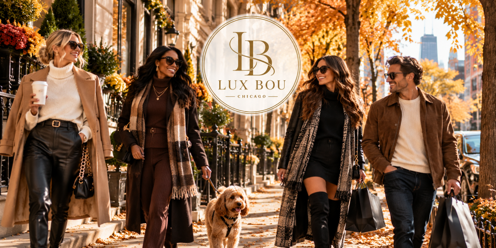 Four people in fall outfits on a tree-lined street with the Lux Bou Chicago logo