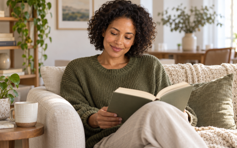 Woman in an olive sweater reading a book on a cream sofa at home