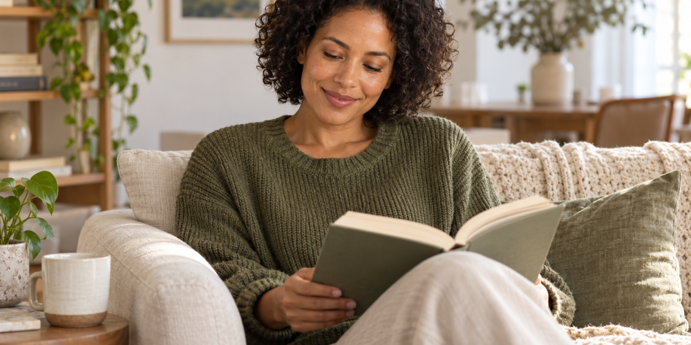 Woman in an olive sweater reading a book on a cream sofa at home
