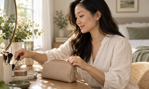 Woman arranging makeup brushes beside a cosmetic pouch at a sunlit dressing table.