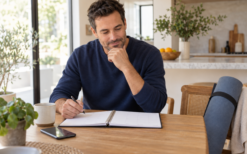 Man in a navy sweatshirt writing in a planner at a kitchen table with a yoga mat on a nearby chair.