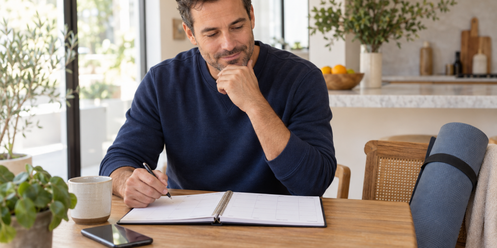 Man in a navy sweatshirt writing in a planner at a kitchen table with a yoga mat on a nearby chair.