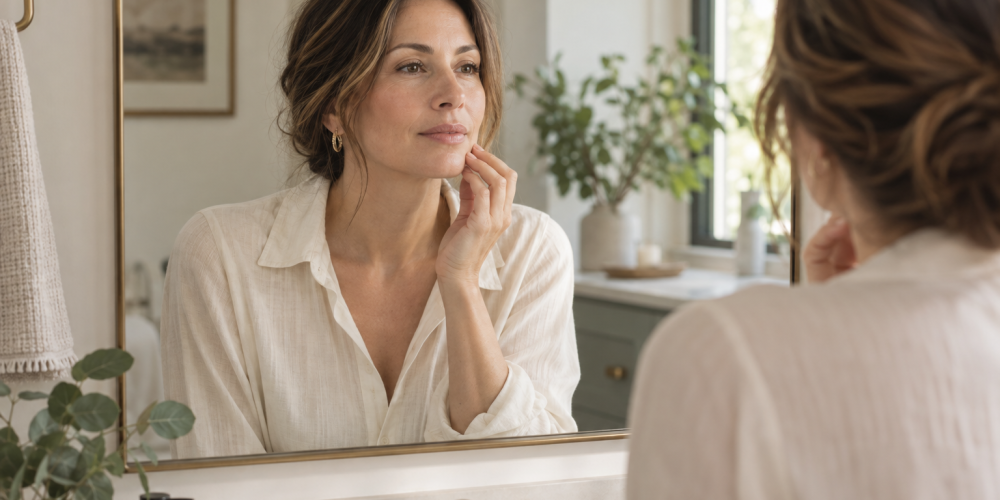 Woman in a cream blouse looking at her reflection in a bathroom mirror
