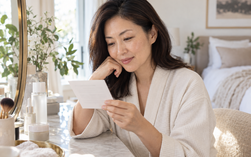 Woman in a cream robe reading a card at a vanity with skincare products.