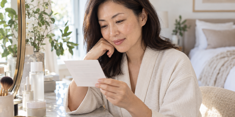 Woman in a cream robe reading a card at a vanity with skincare products.