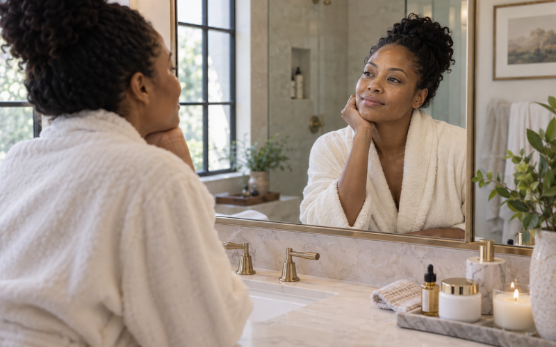 Woman in a cream robe looking at her reflection in a bathroom mirror.