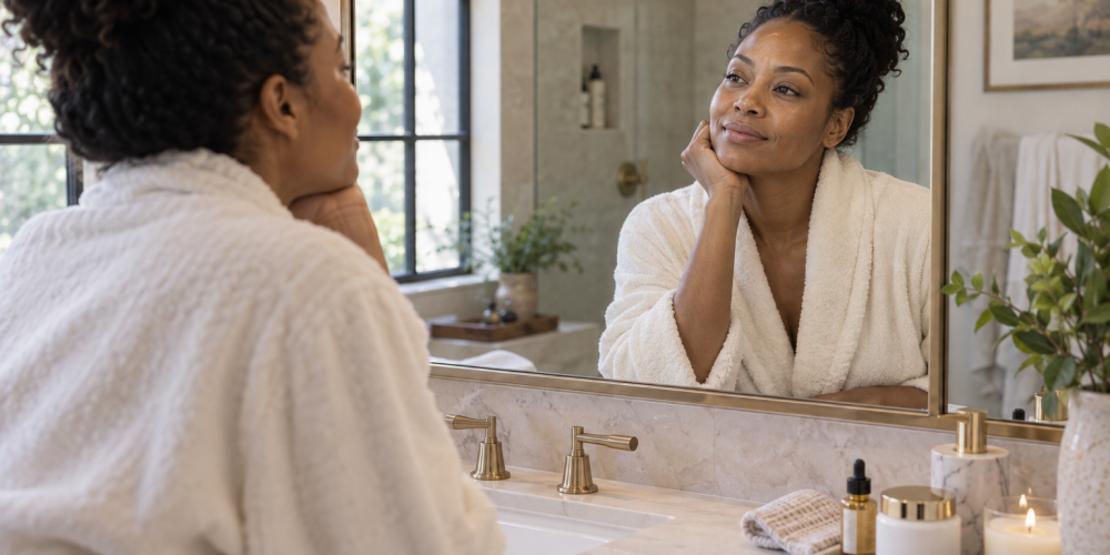 Woman in a cream robe looking at her reflection in a bathroom mirror.