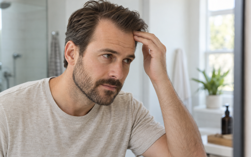 Man looking toward a bathroom mirror while touching his hairline near the temple.
