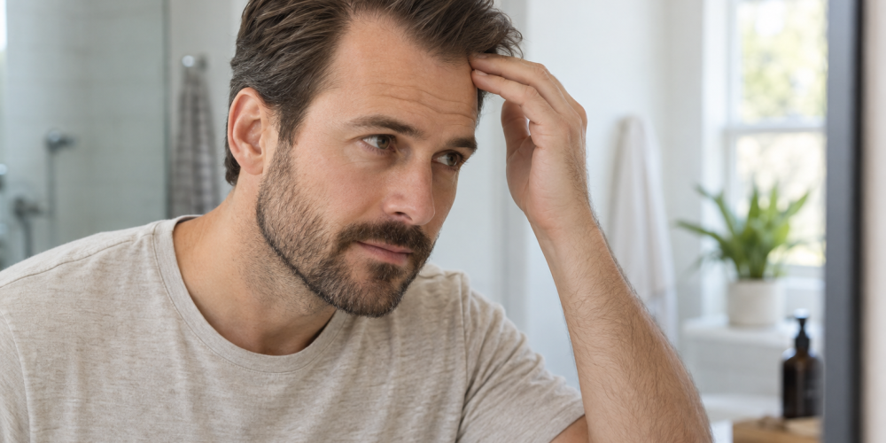Man looking toward a bathroom mirror while touching his hairline near the temple.