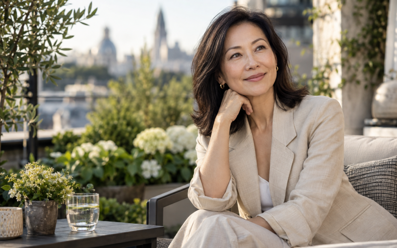 Woman in a beige jacket relaxing on a leafy city terrace.