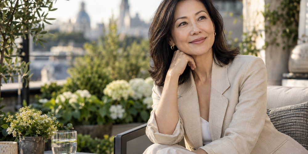 Woman in a beige jacket relaxing on a leafy city terrace.
